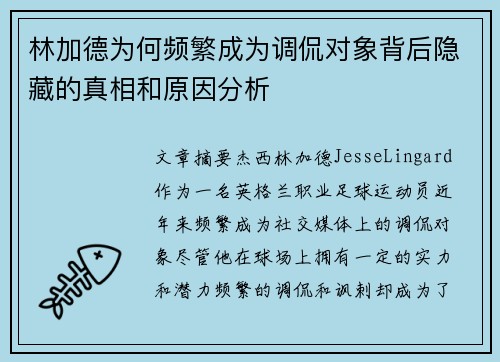 林加德为何频繁成为调侃对象背后隐藏的真相和原因分析