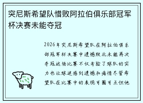 突尼斯希望队惜败阿拉伯俱乐部冠军杯决赛未能夺冠 突尼斯希望队惜败阿拉伯俱乐部冠军杯决赛未能夺冠